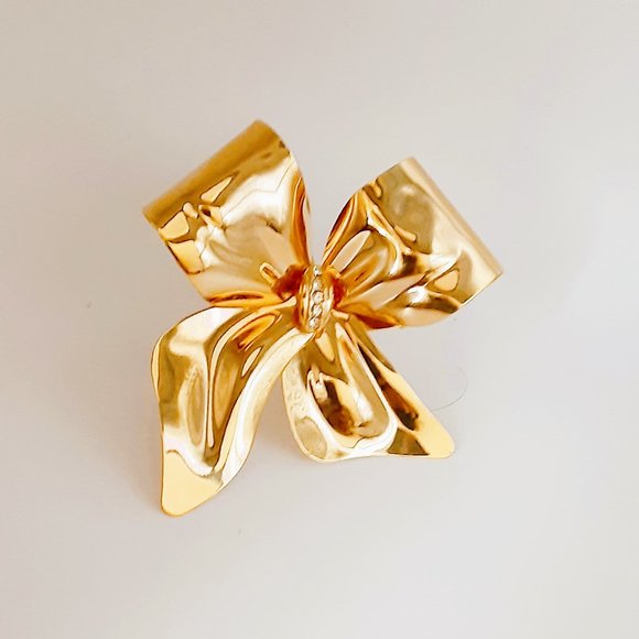 Jona Gold Tone Bow Brooch with Rhinestones Center. Ribbon Pin - Picture 1 of 3
